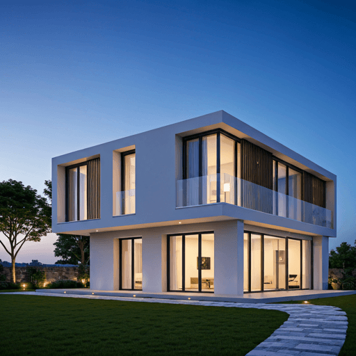 luxury minimalist villa with clean architectural lines and floor to ceiling windows at dusk with warm interior lighting