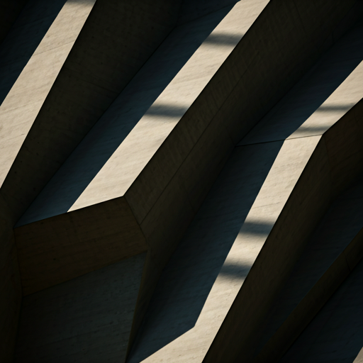 architectural close-up of a brutalist concrete building facade with dramatic shadows and sharp geometric lines