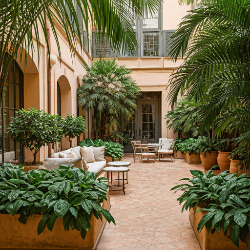 Boutique hotel courtyard with lush plants and elegant outdoor furniture in a mediterranean style architectural setting